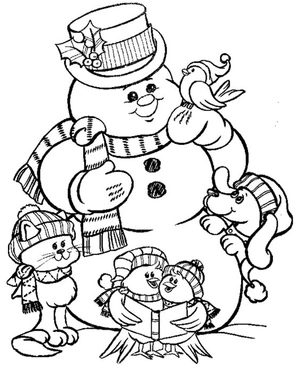Boneco de neve com animais, página de colorir inverno, impressão gratuita