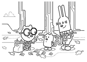 Página para Colorir Walden, Wubbzy e Widget Recolhendo Folhas